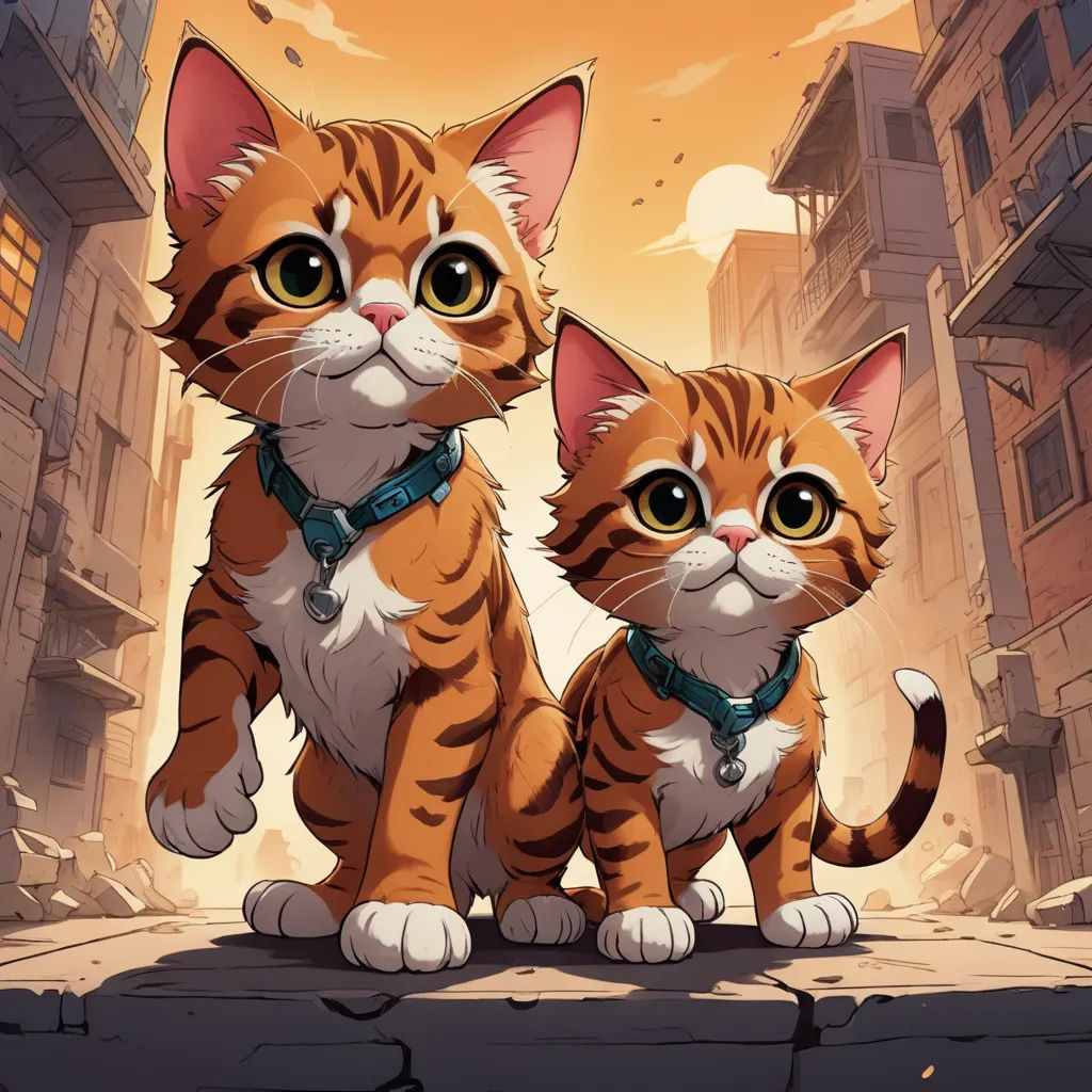 two cats are sitting on a ledge in a city setting, one is orange and the other is white, sots art, poster art, Dan Mumford, official art