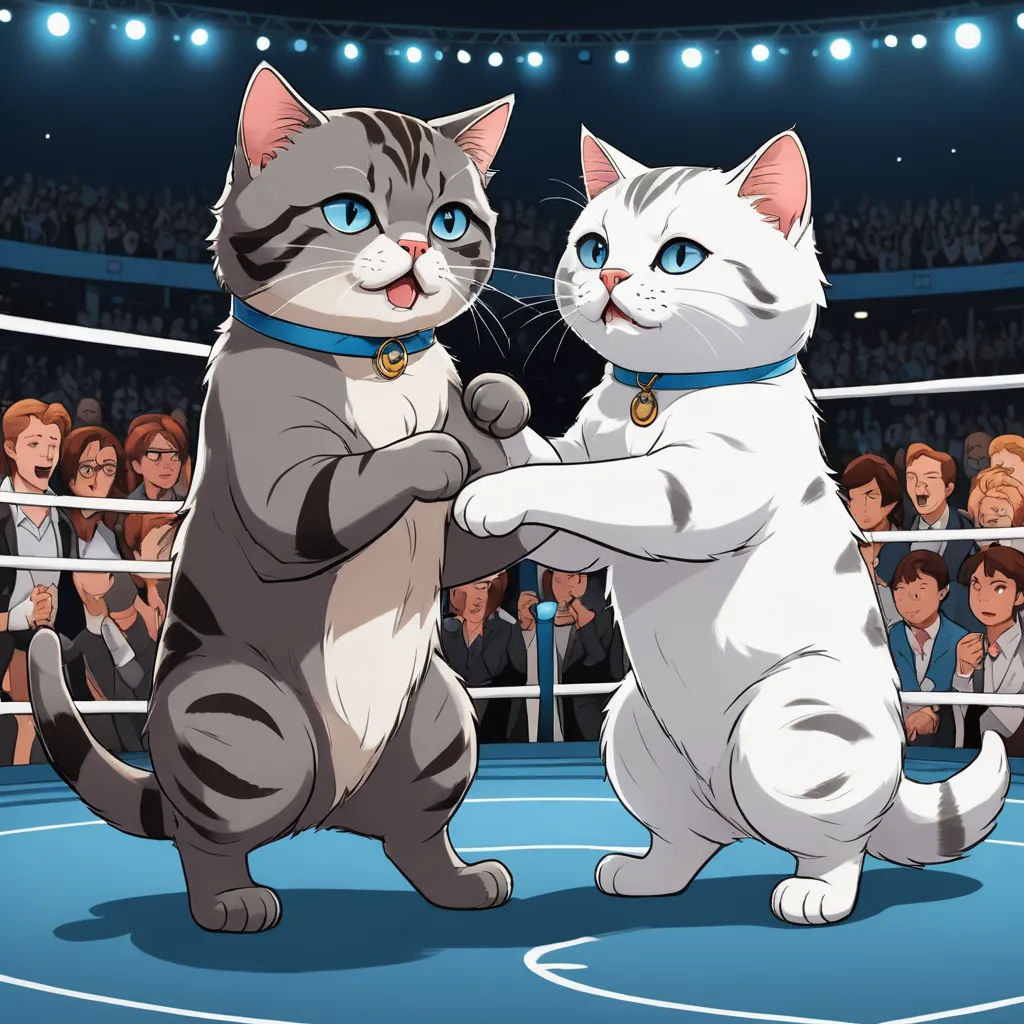 two cats standing on their hind legs in a ring with a crowd watching them in the background, one is holding the other, furry art, concept art, Charles Martin, official art