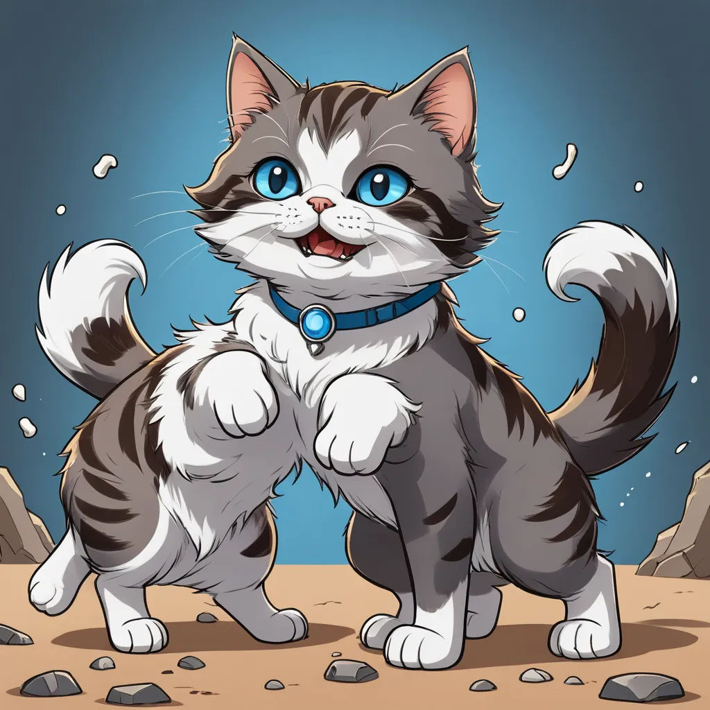 a cartoon cat standing on its hind legs with a blue eyes and a collar on it's neck, sots art, a character portrait, Carlos Catasse, cute and funny