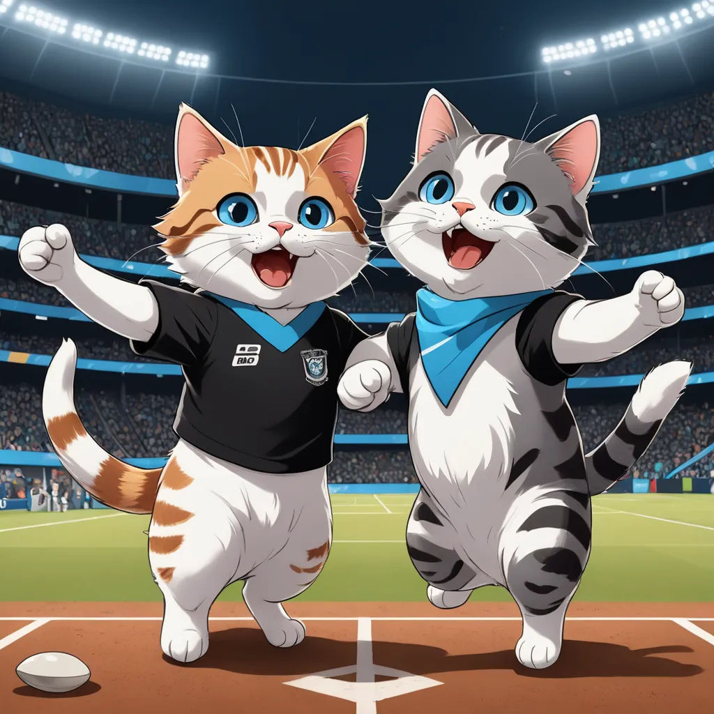 two cats are standing on a baseball field and one is wearing a blue bandana and the other is wearing a black and white shirt, furry art, concept art, Carlos Catasse, official art