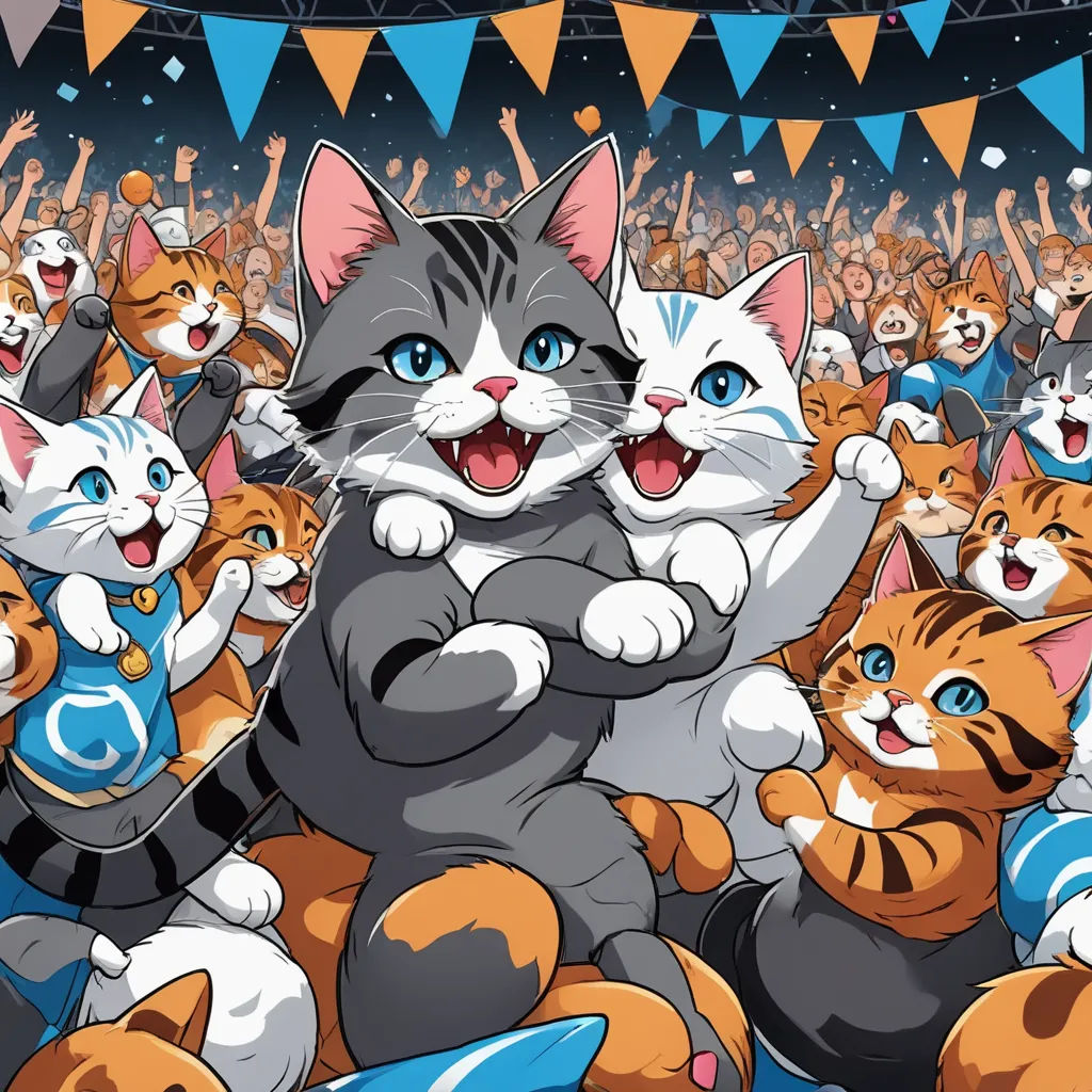 a group of cats standing on top of a stage with their mouths open and hands up in the air, furry art, a comic book panel, Artgerm, official art