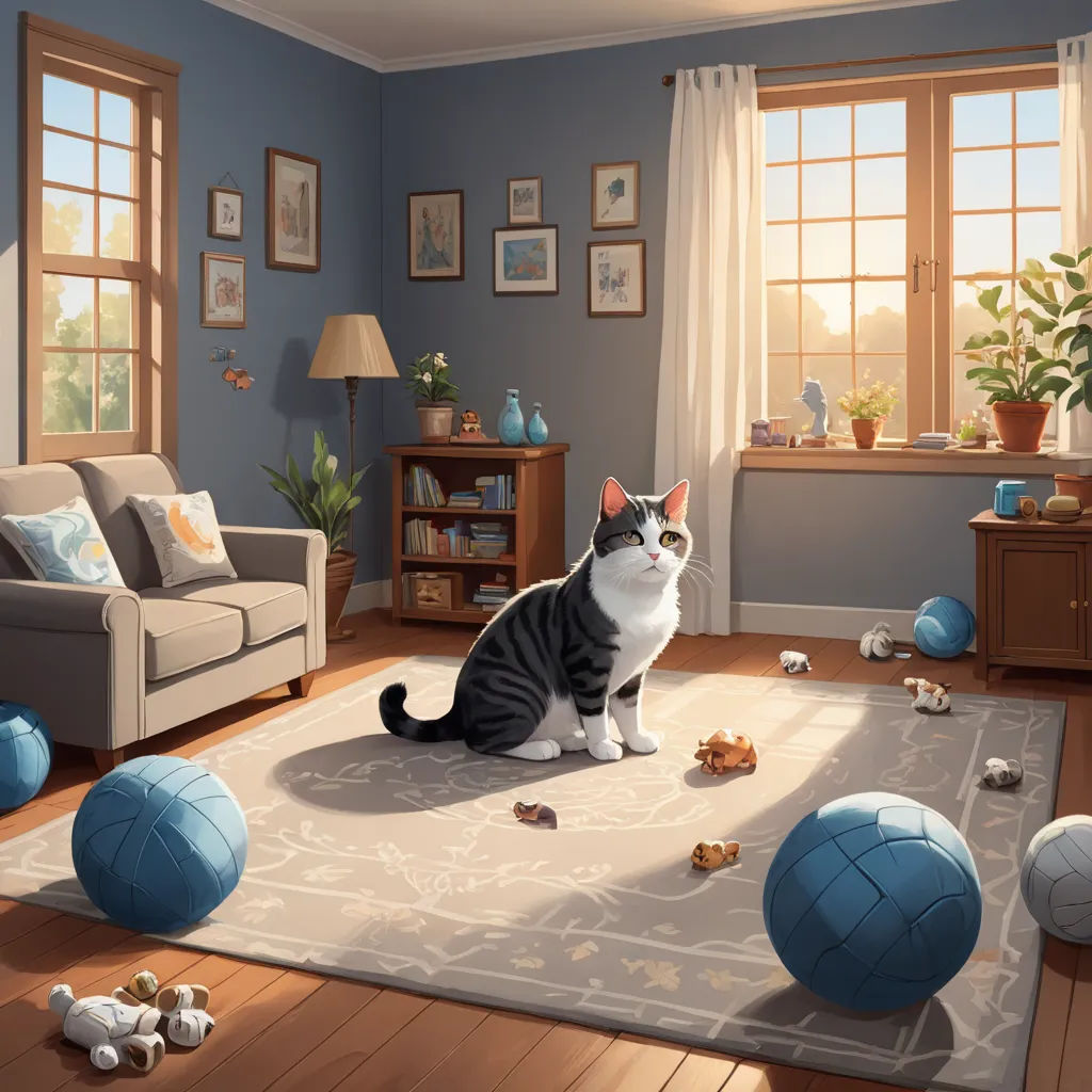 a cat sitting on a rug in a living room with a blue ball and a white couch in the background, american scene painting, a storybook illustration, Chris LaBrooy, promotional image