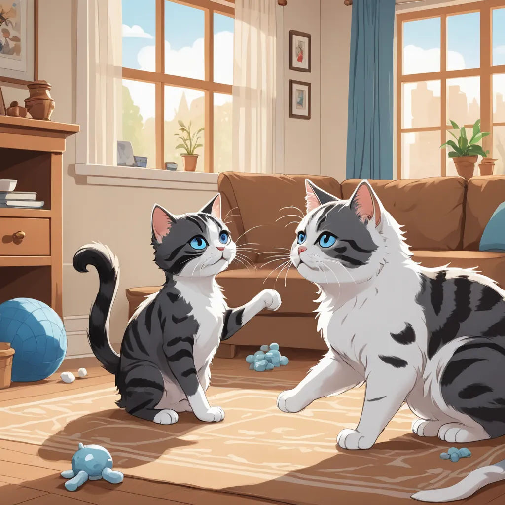 a couple of cats sitting on top of a rug in a living room next to a couch and a window, sots art, a storybook illustration, Annabel Kidston, official art