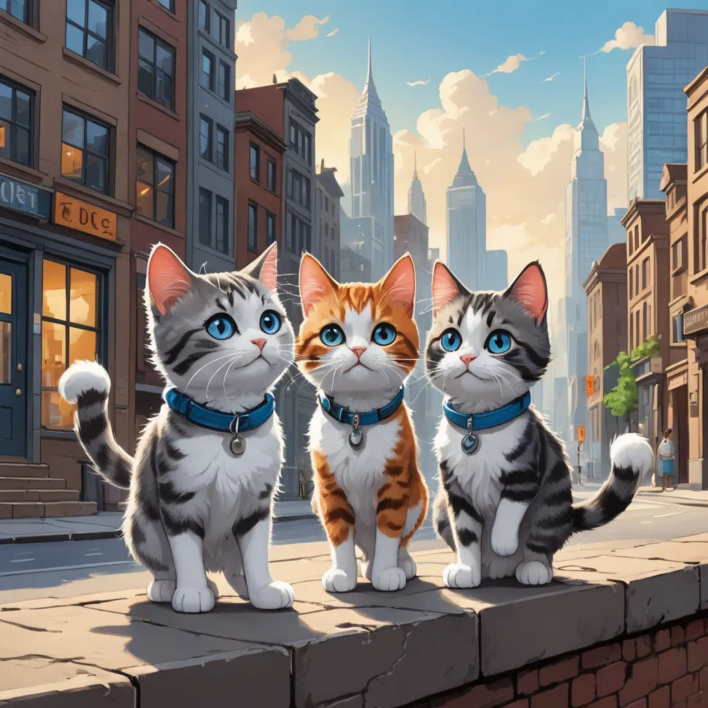 three cats are sitting on a ledge in front of a cityscape with skyscrapers and a sky background, sots art, a comic book panel, Brothers Hildebrandt, city background