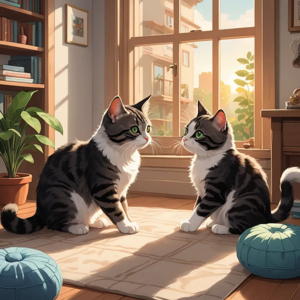 a cat sitting on the floor next to another cat looking out a window at the outside of the house, sots art, a storybook illustration, Brothers Hildebrandt, official art