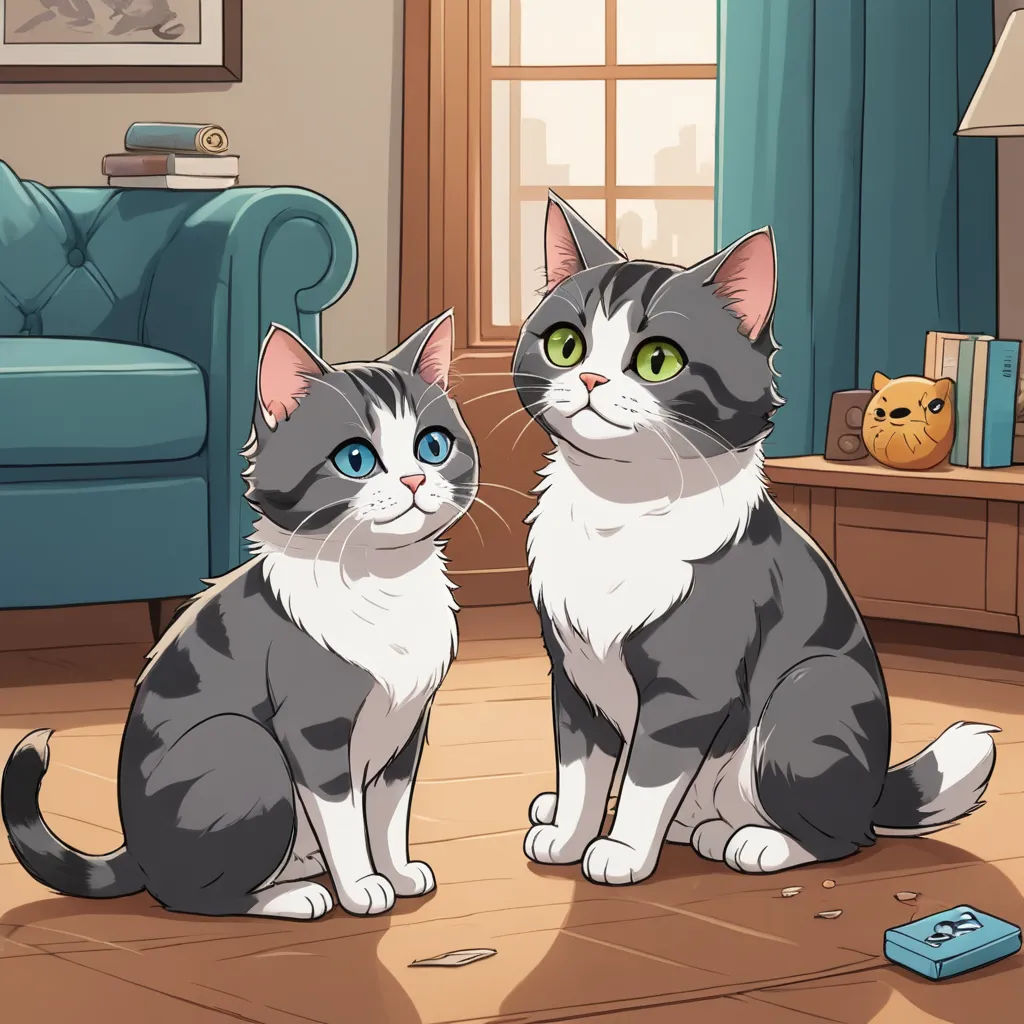 a couple of cats sitting on top of a wooden floor next to a blue couch and a window with curtains, sots art, a storybook illustration, Felix-Kelly, official art