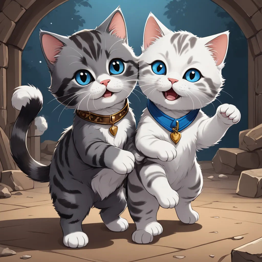 two cats standing next to each other on a stone floor with a stone arch in the background and a full moon in the sky, sots art, a detailed painting, Chen Hong, cute and funny