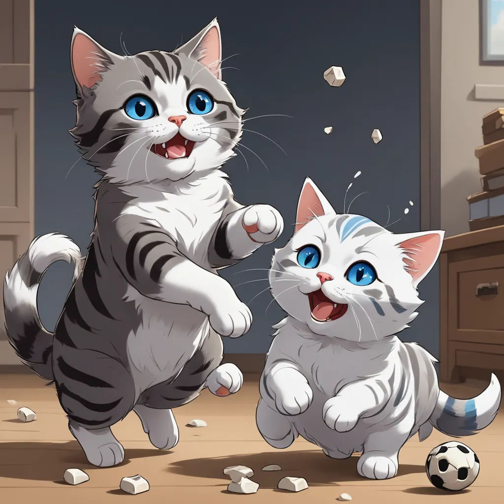a cat and a kitten playing with a soccer ball in a room with a window and a dresser with a chair, sots art, a comic book panel, Fan Qi, cute and funny