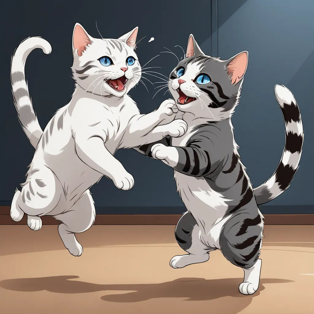 two cats are fighting in a room with a blue light behind them and a black and white cat is standing on its hind legs, furry art, a comic book panel, Andries Both, cute and funny
