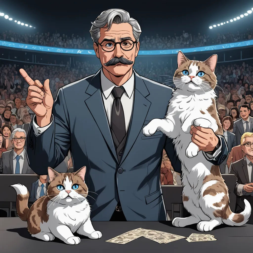 a man in a suit and tie holding a cat in front of a crowd of people at a convention, serial art, concept art, Chip Zdarsky, official art