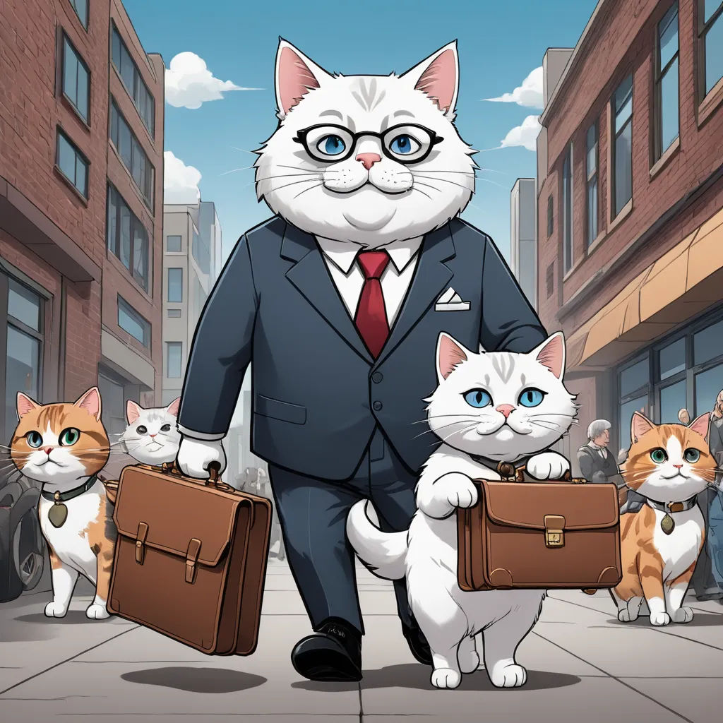 a man in a suit and tie with cats on a city street, with a briefcase and a suit case, furry art, a character portrait, Carlos Catasse, official art