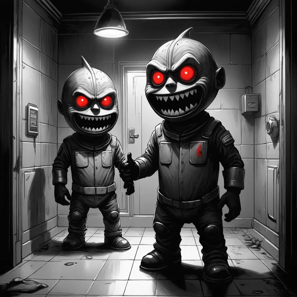 two creepy looking men standing in a hallway with red eyes and red eyes on their faces, one of them is holding a knife, sots art, poster art, Dan Mumford, sinister