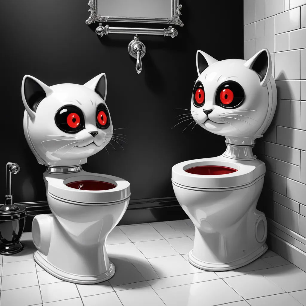 a bathroom with two cats on the toilets and a mirror above them with red eyes and a sink with a faucet, pop surrealism, a surrealist painting, Anne Stokes, punk art