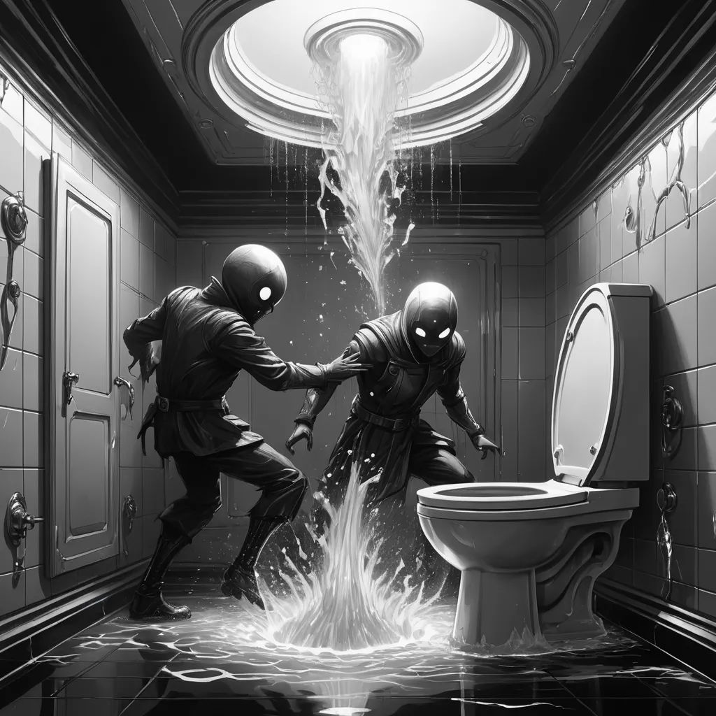 two people in a bathroom with a toilet and a sink with water coming out of it and a shower head in the background, sots art, a storybook illustration, Cyril Rolando, cinematic concept art