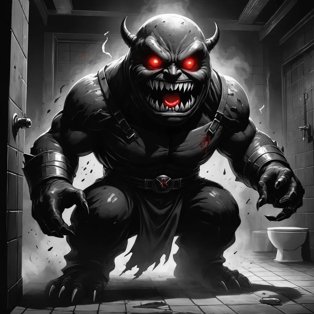a demonic looking monster with red eyes and a huge mouth in a bathroom stall with a toilet and a sink, gothic art, concept art, Andreas Rocha, magic the gathering artwork