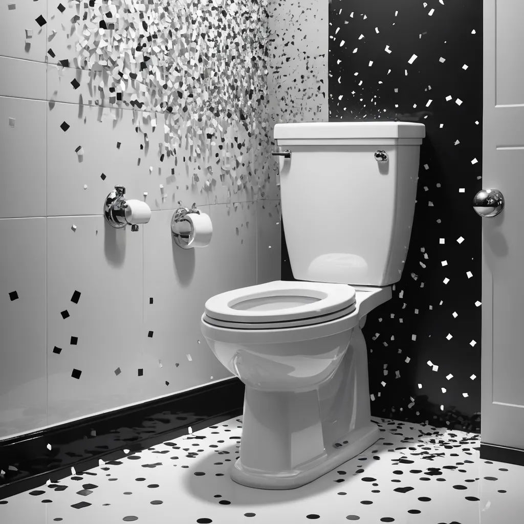 a toilet in a bathroom with a black and white wallpaper and a black and white floor with confetti, fluxus, an ambient occlusion render, Carol Bove, unreal engine 5 highly rendered