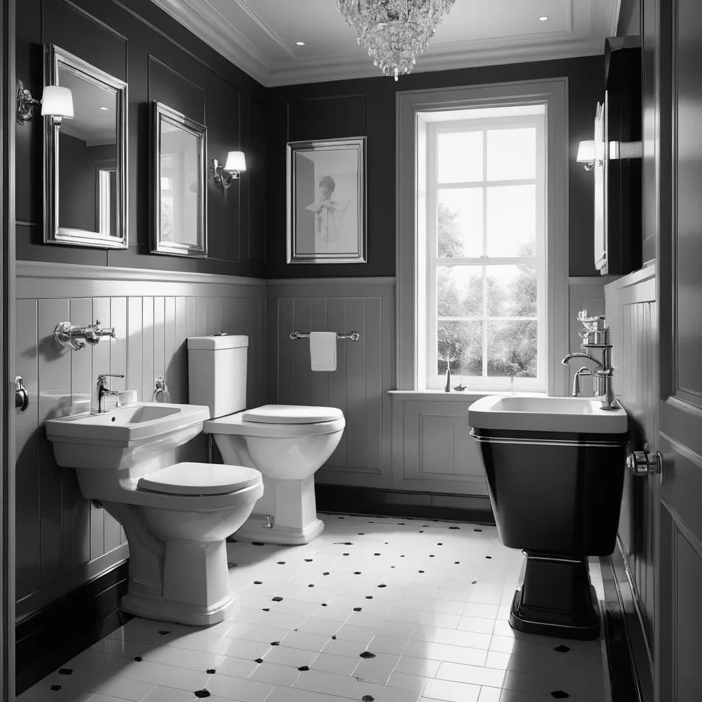 a bathroom with a toilet, sink, and a tub in it's center area with a chandelier, arts and crafts movement, an ultrafine detailed painting, Edwin Deakin, finely detailed features