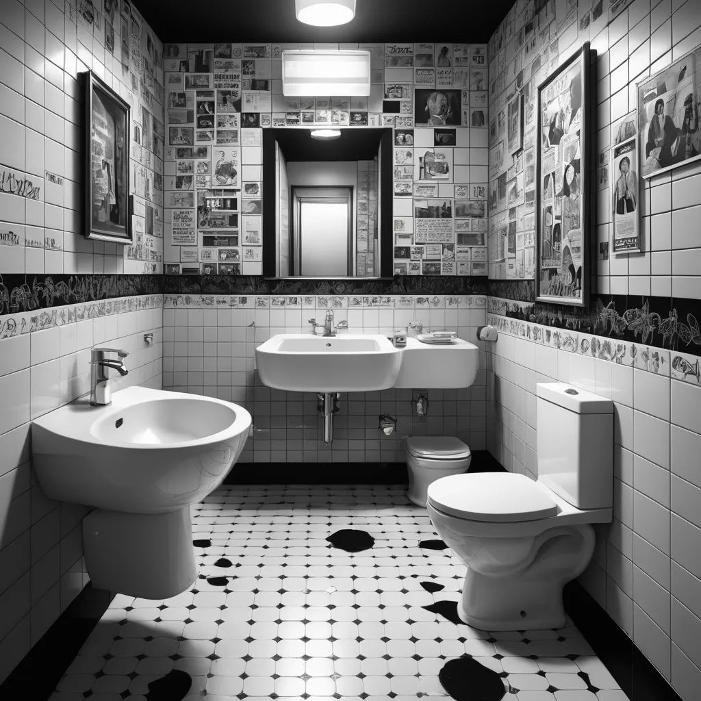 a bathroom with a toilet, sink, and mirror in it's corner with black and white tiles, fluxus, a black and white photo, Chris Ware, arthouse