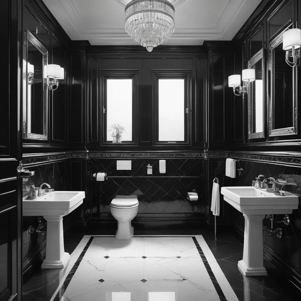 a bathroom with a chandelier and two sinks and a toilet in it with a chandelier, art deco, a digital rendering, Enguerrand Quarton, unreal engine render