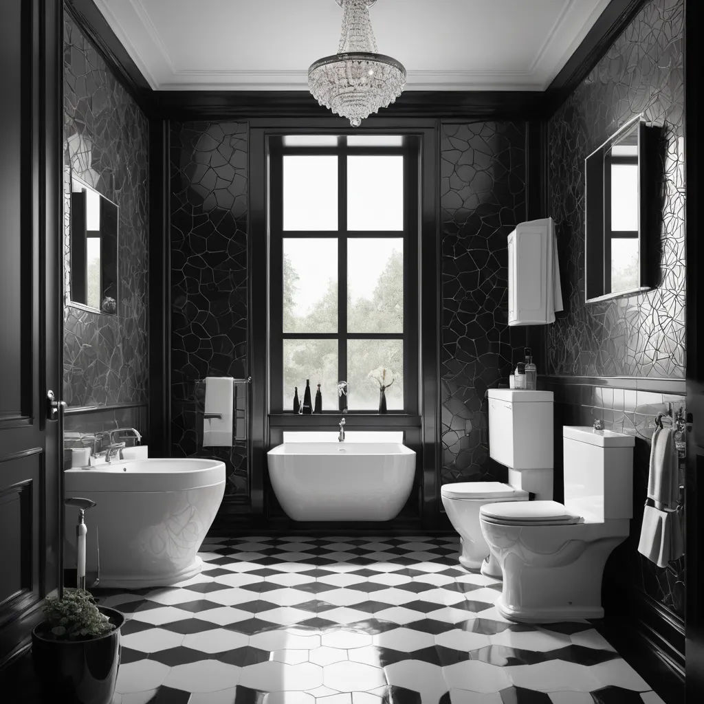 a bathroom with a checkered floor and a chandelier hanging from the ceiling and a tub and toilet, modern european ink painting, an ambient occlusion render, Edwin Deakin, unreal engine render