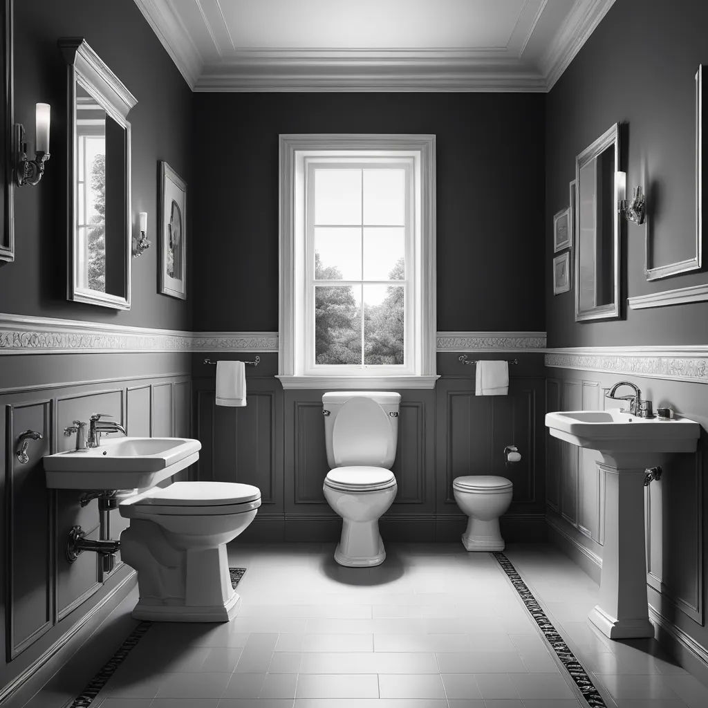 a bathroom with a toilet, sink, and mirror in it's center wall and a window in the middle, photorealism, an ambient occlusion render, Edwin Deakin, unreal engine render