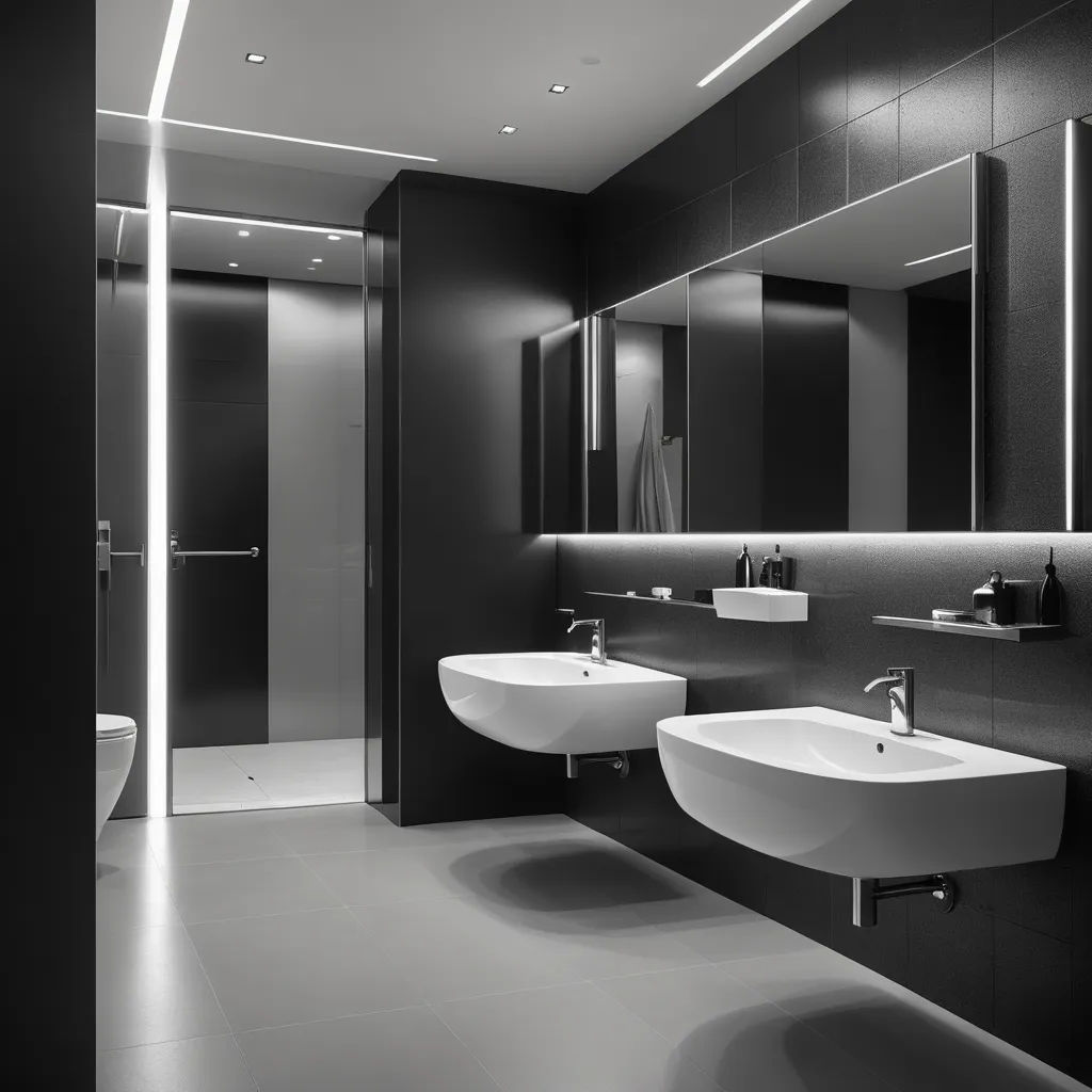 a bathroom with two sinks and a mirror above it and a shower stall behind it with a glass door, light and space, an ambient occlusion render, David Chipperfield, unreal engine render
