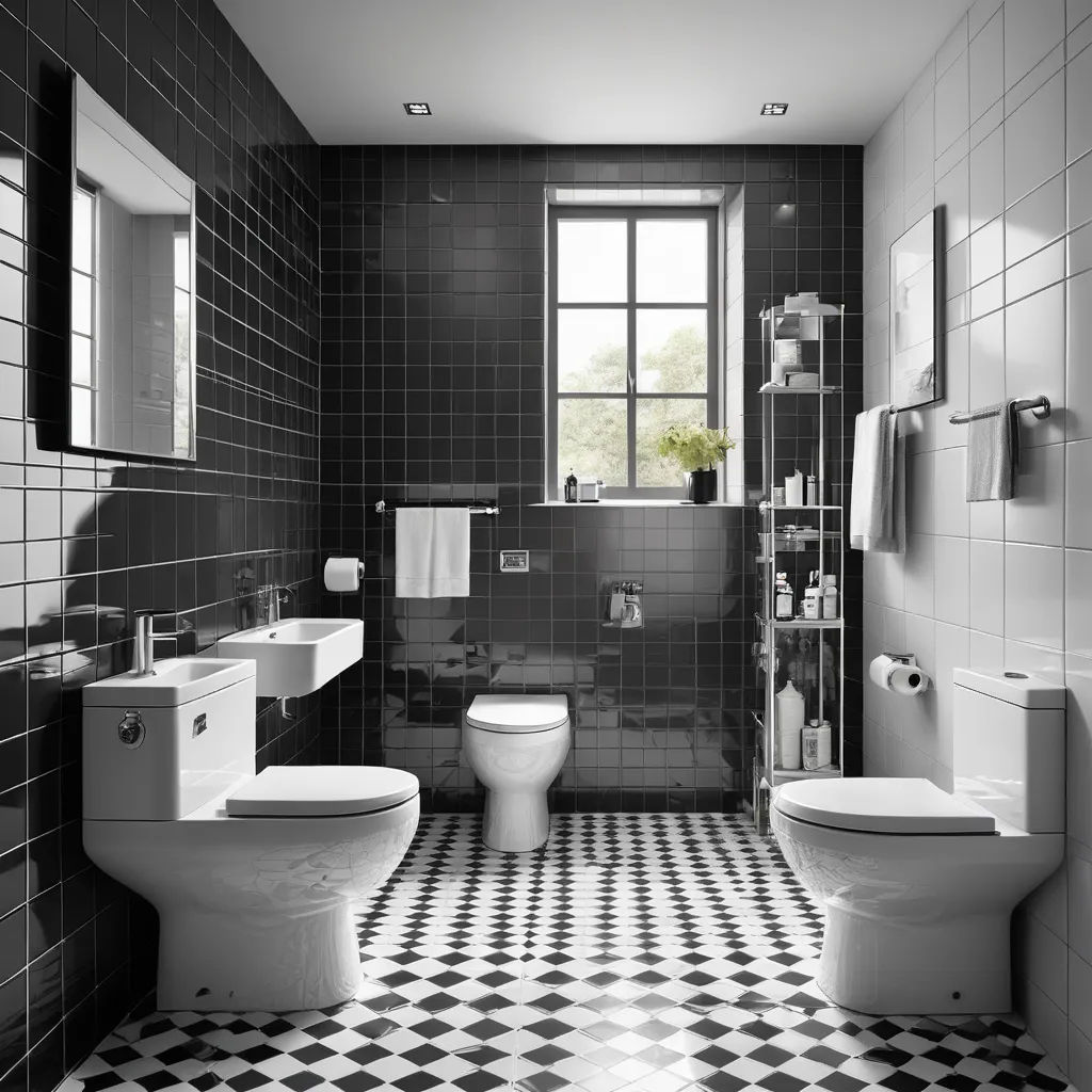 a bathroom with a checkered floor and black and white tile walls and flooring and a toilet and sink, photorealism, an ambient occlusion render, Edwin Deakin, vray render