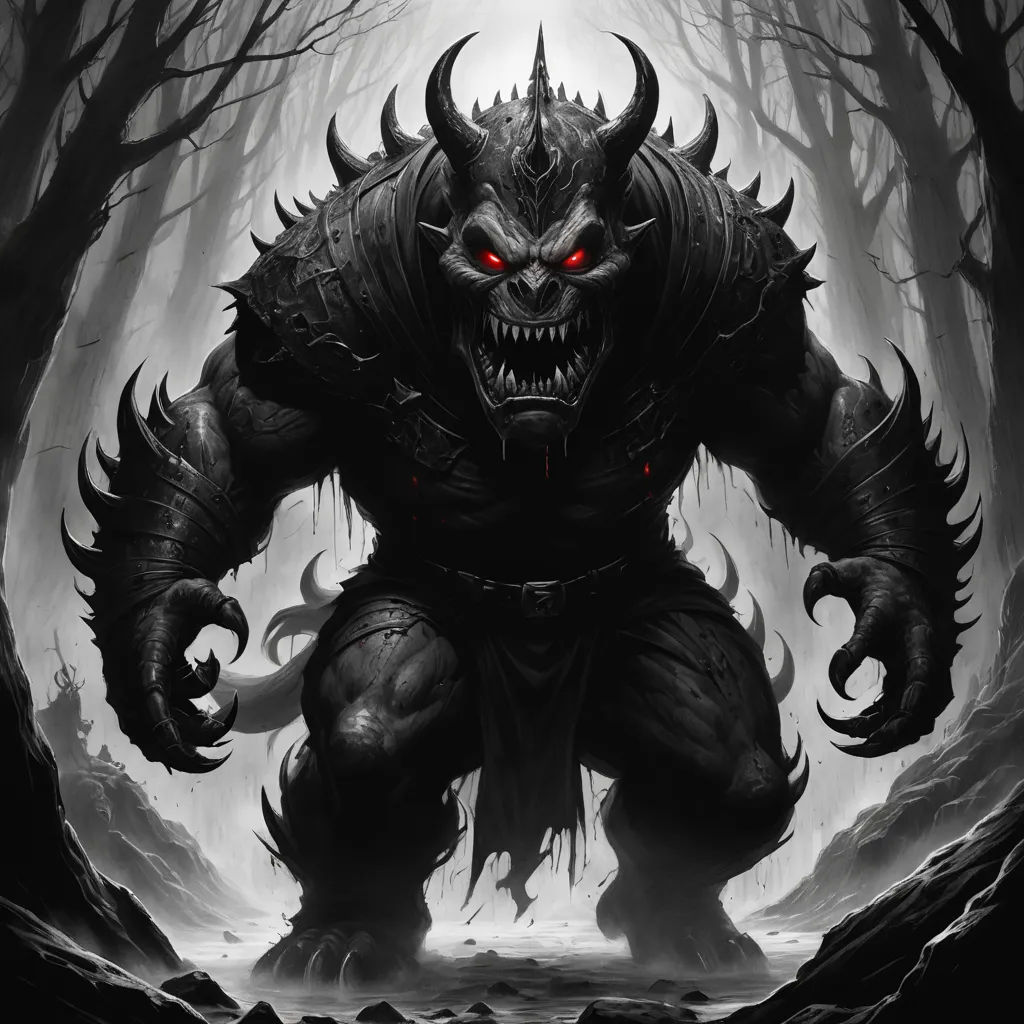 a demonic demon with red eyes and horns in a forest with trees and rocks, with a demon like creature in the middle of the image, gothic art, an ambient occlusion render, Anne Stokes, dark fantasy art