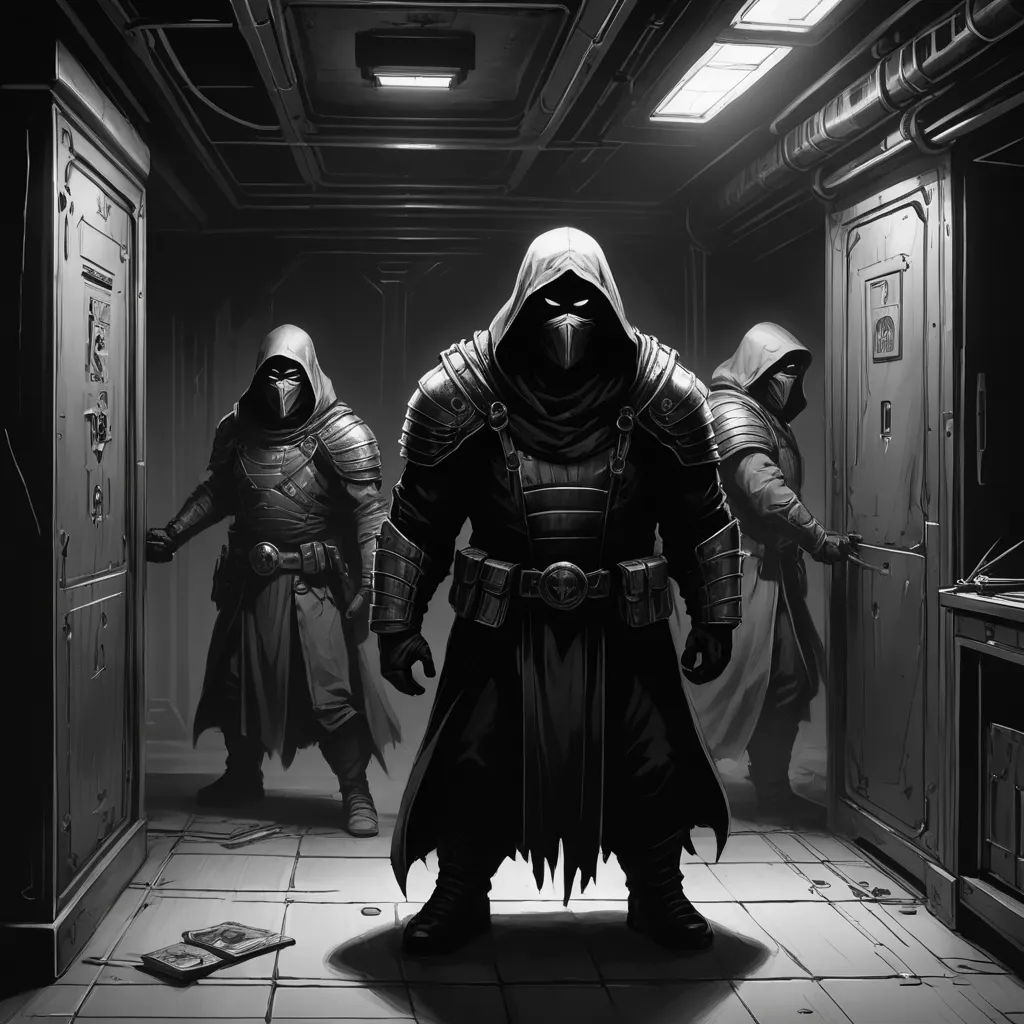 a man in a hooded suit standing in a hallway with two other men in the background, in a dark room, antipodeans, concept art, Chris Rallis, league of legends concept art