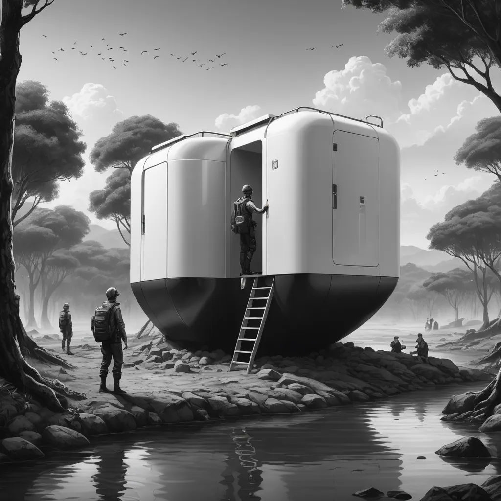 a man standing on a ladder next to a boat in a forest with people standing around it and a man standing on a ladder, photorealism, an ultrafine detailed painting, Chris LaBrooy, highly detailed digital painting
