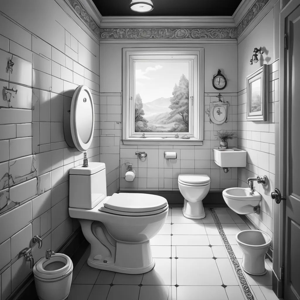 a bathroom with a toilet, sink, and mirror in it's corner with a painting on the wall, photorealism, a detailed matte painting, David Martin, matte drawing