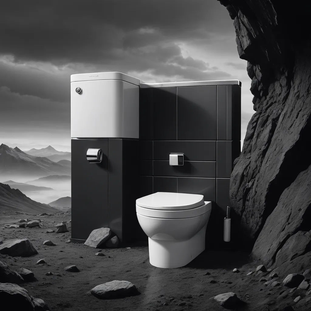 a toilet sitting next to a rock wall on a mountain side with a sky background and a mountain range in the distance, photorealism, an ambient occlusion render, Filip Hodas, unreal engine render