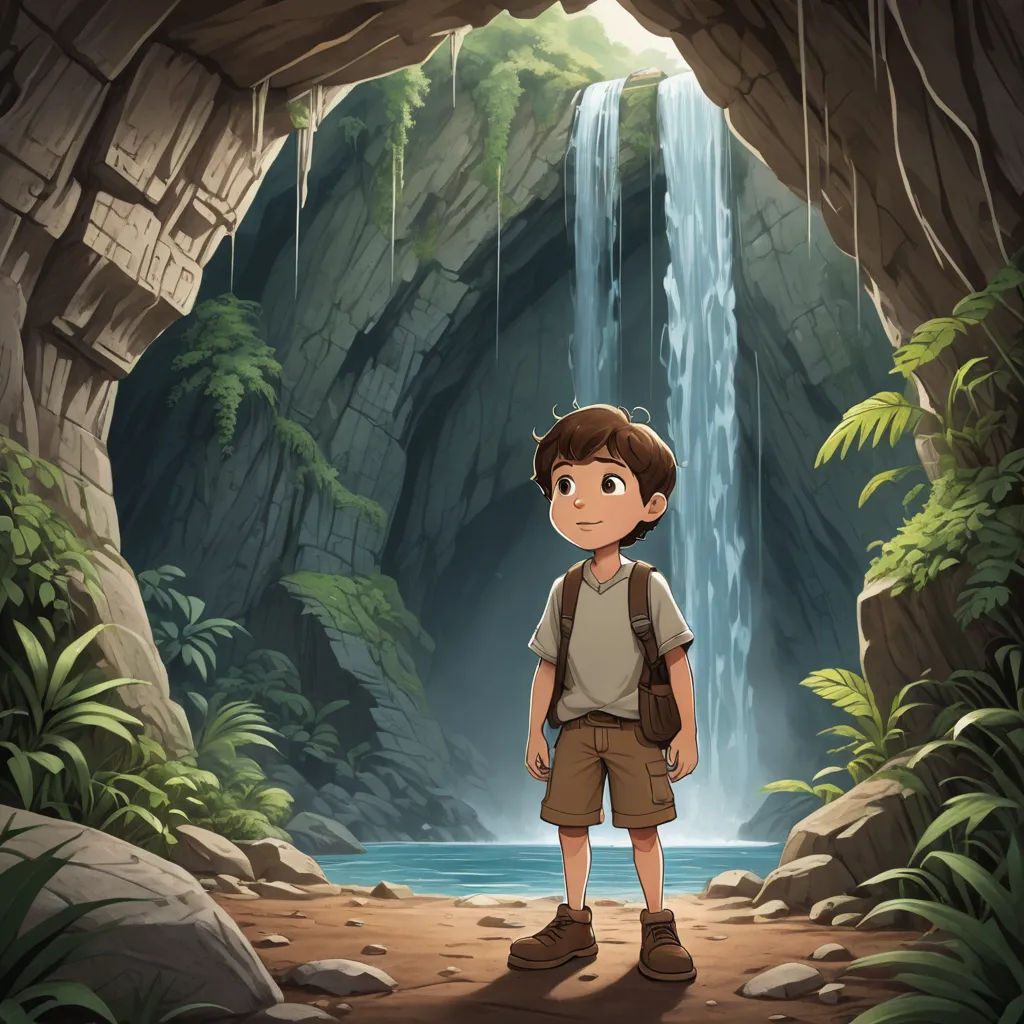 a boy standing in front of a waterfall in a cave with a backpack on his back and a waterfall in the background, naturalism, a detailed matte painting, Cliff Childs, rossdraws global illumination
