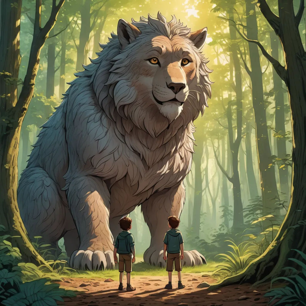 a couple of people standing in front of a large animal in a forest with trees and bushes on either side of them, furry art, a storybook illustration, Aaron Jasinski, promotional image