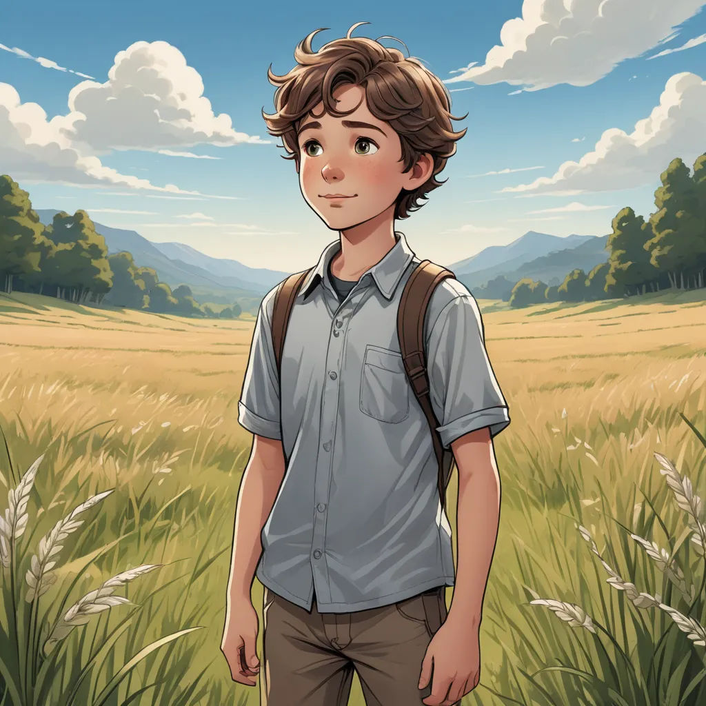 a boy standing in a field with a backpack on his back and a sky background with clouds and trees, serial art, a character portrait, Aaron Jasinski, official art
