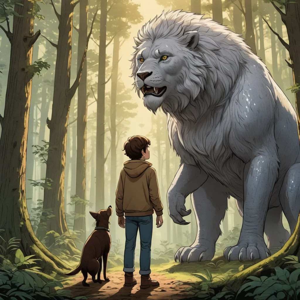 a man standing next to a white lion in a forest with a dog on a leash next to him, furry art, a storybook illustration, Diego Gisbert Llorens, official art