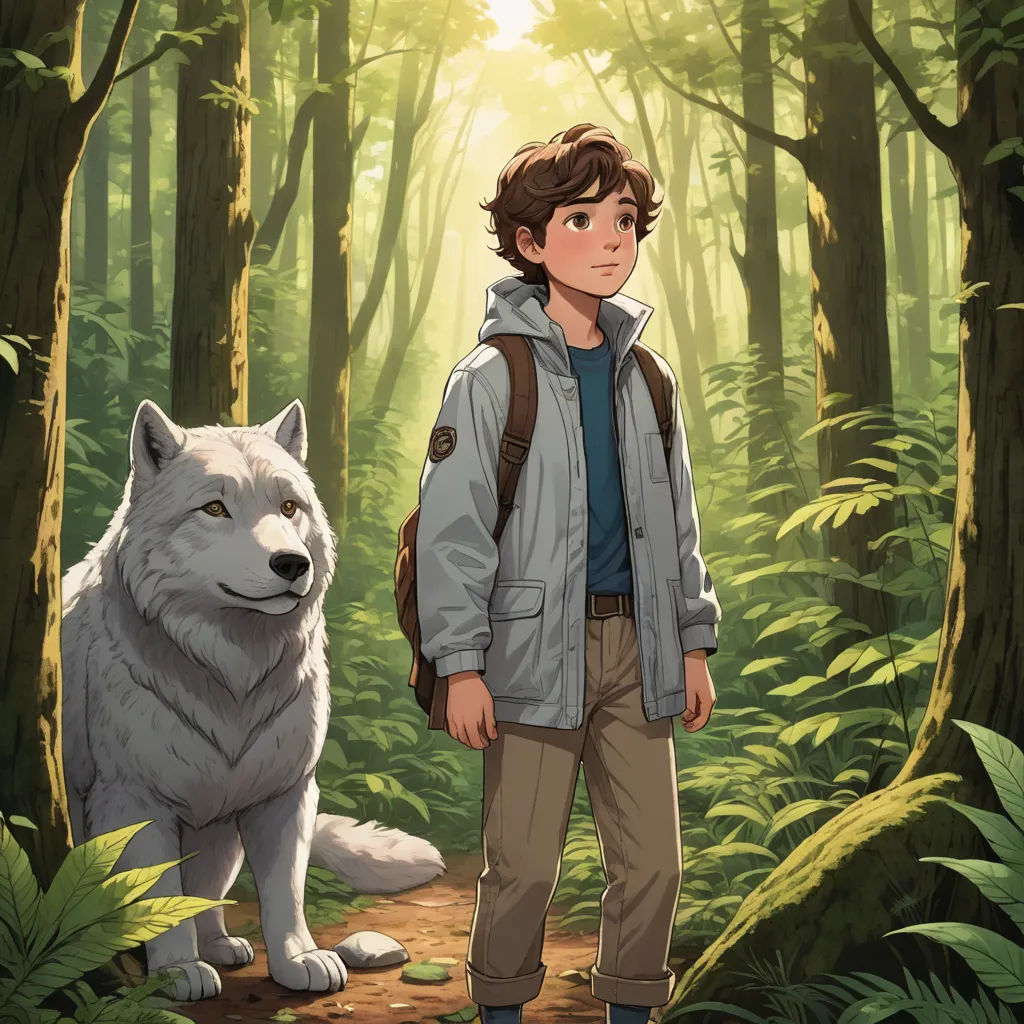 a boy standing in the woods next to a wolf with a backpack on his back and a backpack on his shoulder, fantasy art, a storybook illustration, Cedric Seaut (Keos Masons), official art