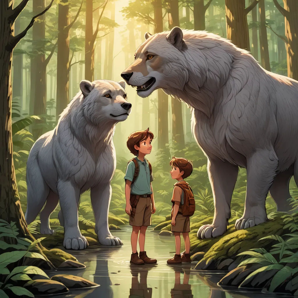 a boy and a boy are standing in the woods with two white bears and a boy is looking at them, furry art, a storybook illustration, Aaron Jasinski, official art