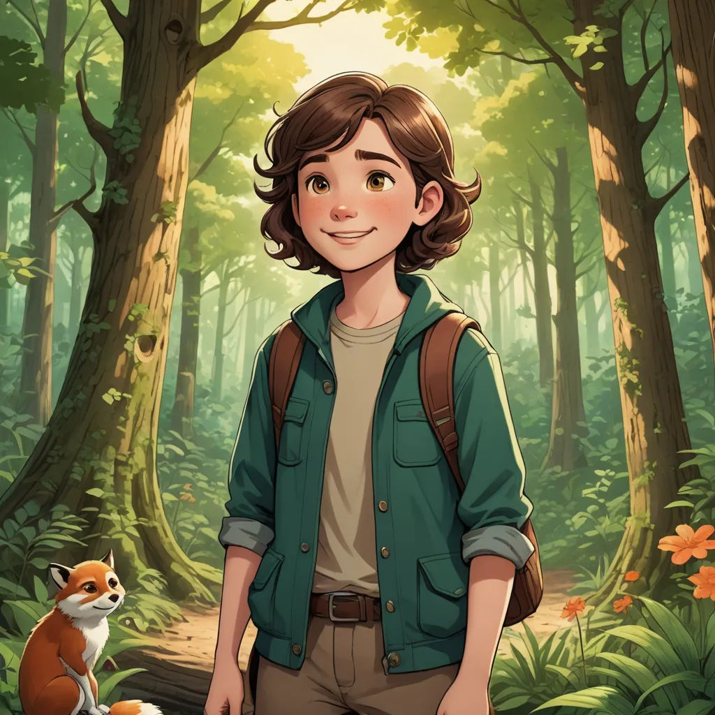 a boy standing in a forest with a fox behind him and a forest background with trees and leaves and a fox, furry art, a character portrait, Cedric Seaut (Keos Masons), official art