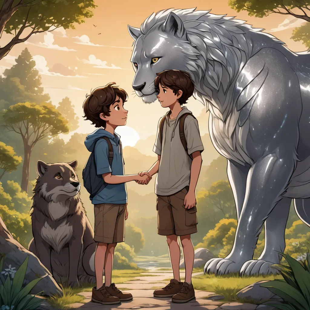 a boy and a boy are standing in front of a wolf and a wolf cub in a forest with a sunset, furry art, a storybook illustration, Aaron Jasinski, official art