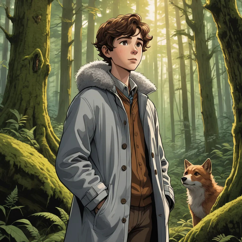 a boy in a coat standing in a forest with a fox in front of him and a forest background, furry art, a comic book panel, Cedric Seaut (Keos Masons), official art
