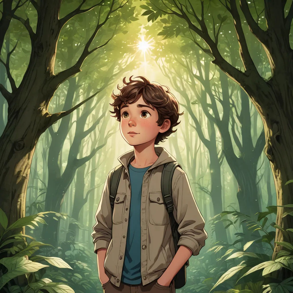 a boy standing in a forest with a backpack on his back and a sun shining through the trees behind him, fantasy art, a character portrait, Diego Gisbert Llorens, rossdraws global illumination