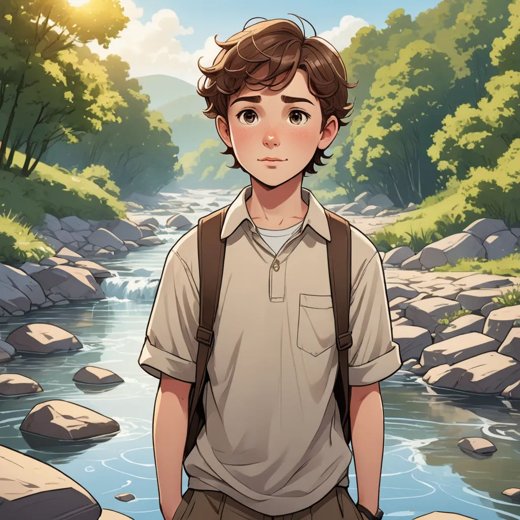 a boy standing in front of a river with a backpack on his back and a forest in the background, environmental art, a character portrait, Cedric Seaut (Keos Masons), official art