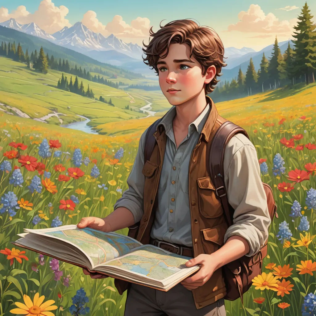a painting of a boy holding a book in a field of flowers and mountains in the background, with a stream running through the valley, fantasy art, a character portrait, Aaron Jasinski, kinkade