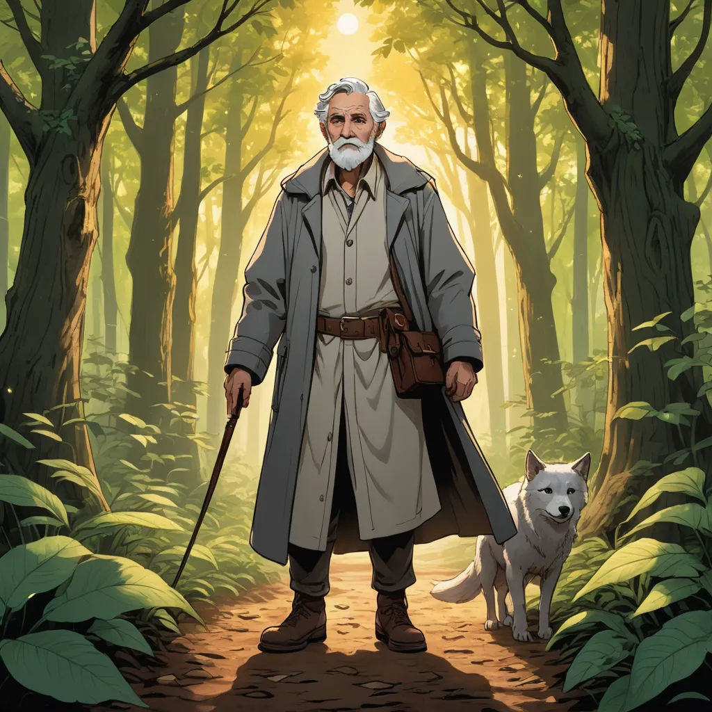 a man with a beard and a long coat is walking in the woods with a dog and a dog, furry art, a character portrait, Drew Struzan, official art
