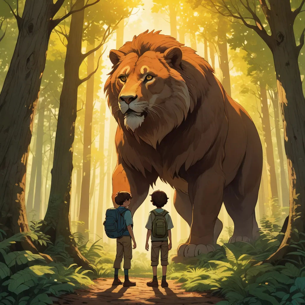 a boy and a boy are standing in front of a lion in the woods with a backpack on his back, magical realism, a storybook illustration, Chris LaBrooy, official art