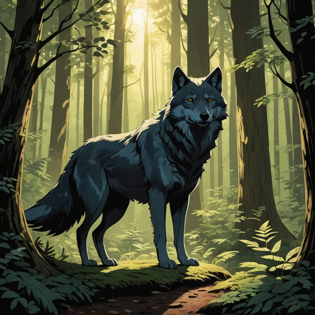 a wolf standing in the middle of a forest with a sun shining through the trees behind it and a path leading to the woods, furry art, a character portrait, Dan Mumford, official art