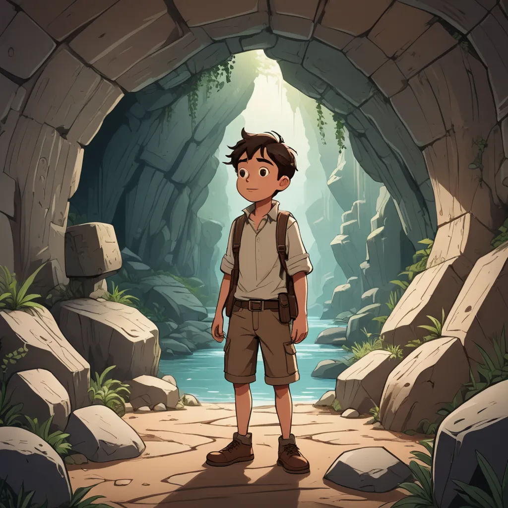 a boy standing in a cave with a backpack on his back and a river running through it in front of him, serial art, a detailed matte painting, Diego Gisbert Llorens, rossdraws global illumination
