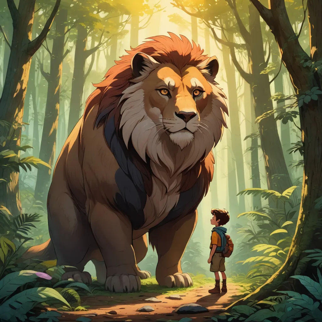 a boy standing next to a lion in a forest with trees and leaves on the ground and a person standing on the ground, sots art, poster art, Anato Finnstark, rossdraws global illumination