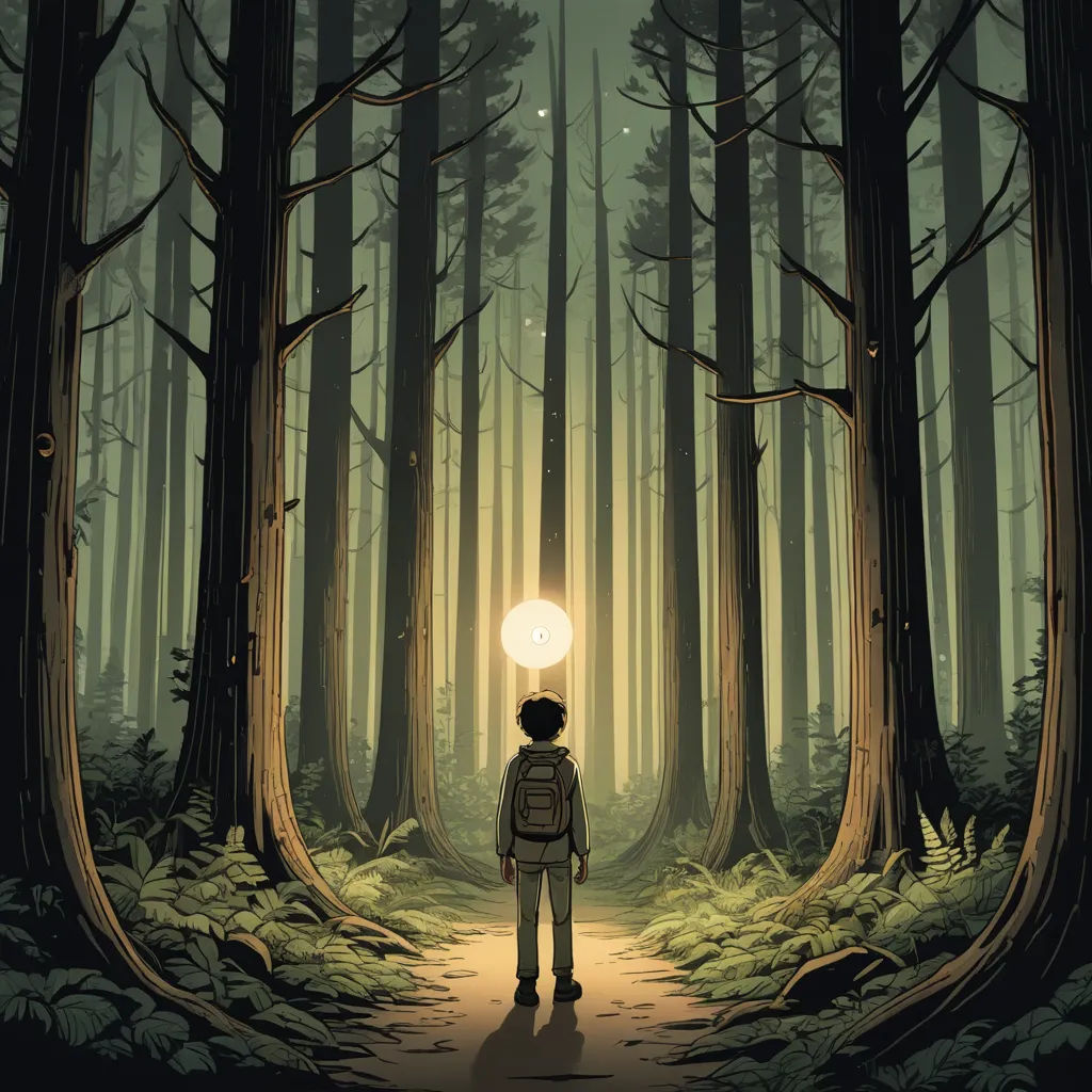a person standing in a forest with a light on their head and a light on their head above their head, magical realism, a storybook illustration, Dan Mumford, josan gonzales and dan mumford